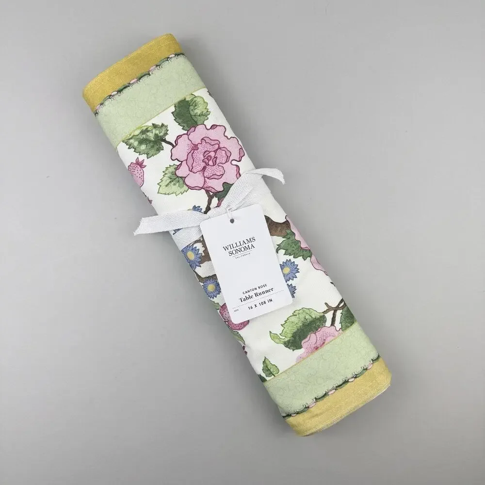 Williams Sonoma Canton Rose Table Runner 16x108 Floral Cotton Spring Decor NEW